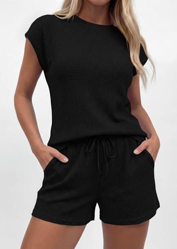 KIRUNDO Short Sets For Women 2026 Summer Cap Sleeve Two Piece Set Waffle Knit Matching Lounge Drawstring Vacation Outfits(Black, Medium) - Thumbnail 6