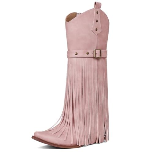 Grakihily Fringe Cowgirl Boots for Women Retro Square Toe Side Zipper Block Chunky Heel Tassel Country Concert Outfits Mid Calf Western Cowboy Boots,Pink Size 8.5 - Image 1