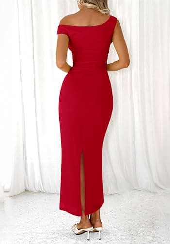 BTFBM 2026 Summer Wedding Guest Dresses for Women One Shoulder Bodycon Ruched Mesh Formal Cocktail Spring Fall Maxi Dress(Red, Small) - Thumbnail 3