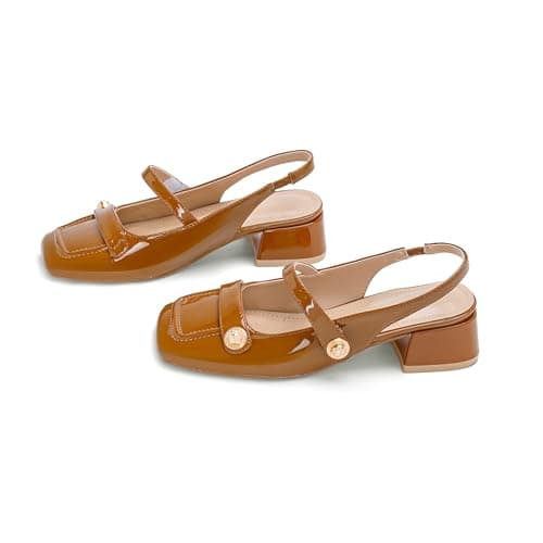 Brown Slingback Mary Jane Heels for Women Square Toe Pump Shoes Low Block Chunky Heel Closed Toe Heels Classic Daily Office Dressy Church Shoes Size 9 - Thumbnail 6