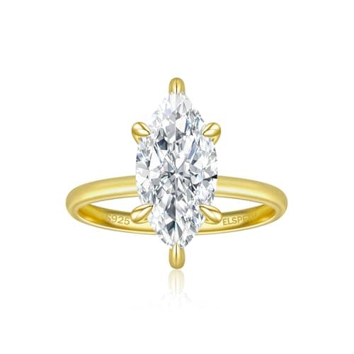 Elspeth 3CT Elongated Marquise Cut Engagement Ring for Women, 925 Sterling Silver Hidden Halo CZ Simulated Diamond Gold Plated Promise Wedding Ring Size 9.5 - Image 1