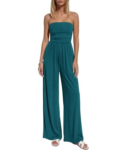 BTFBM Jumpsuits For Women Summer 2026 Beach Vacation Strapless Tube Top Jumpsuit Ruched Casual Wide Leg Pant Rompers(Blue Green, Medium) - Image 1