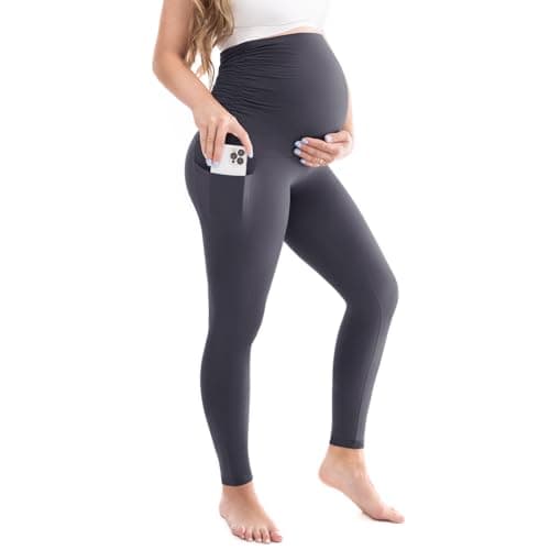 Leafigure Womens Maternity Leggings with Pockets, Pregnancy Buttery Soft Yoga Workout Pants Grey Medium - Image 1