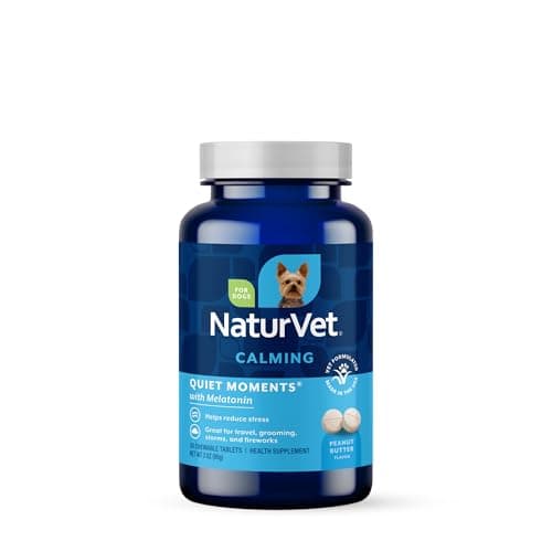 NaturVet Quiet Moments Calming Aid Melatonin Dog Supplement – Helps Reduce Stress in Dogs – for Pet Storm Anxiety, Motion Sickness, Grooming, Separation, Travel – 30 Ct. Tablets