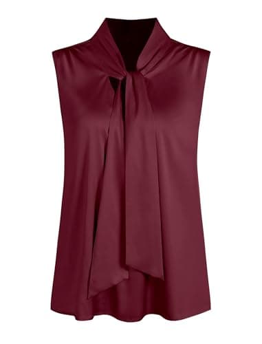 ZAFUL Women's Silk Satin Tank Tops Bow Tie Knot Mock Neck Casual Sleeveless Blouses Summer Basic Tanks Shirt Wine Red XL - Thumbnail 6