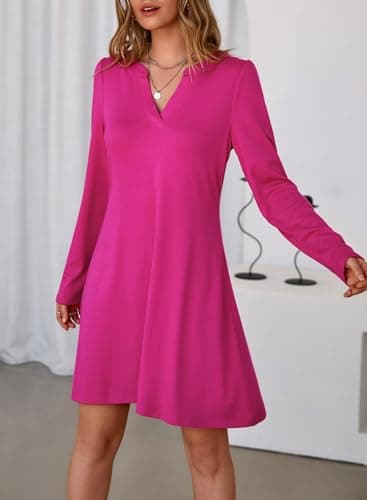 Dokotoo Womens Spring Dresses Fashion V Neck Long Sleeve Flowy Dress for Women 2026 Casual Elegant A Line Swing Solid Color Mini Dress Outfits Hot Pink Medium - Thumbnail 2
