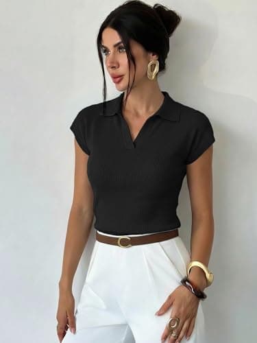 LaGracia Womens Sweater Knit Polo Cap Sleeve Business Casual Tops for Women 2026 - Thumbnail 2