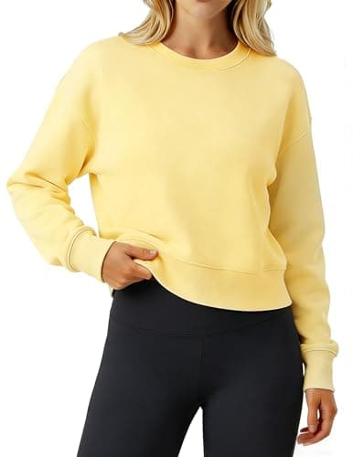 MAPICK Womens Cropped Sweatshirt Oversized Crewneck Cotton Long Sleeve Boxy Crop Pullover Casual Lightweight Athleisure Top Yellow - Image 1