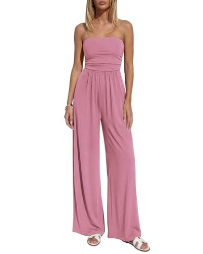 BTFBM Jumpsuits For Women Summer 2026 Beach Vacation Strapless Tube Top Jumpsuit Ruched Casual Wide Leg Pant Rompers(Pink, XX-Large) - Image 1