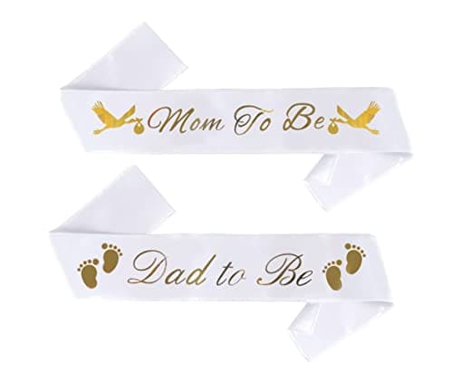 "Mom To Be" & "Dad To Be" Baby Shower Sash Bundle - With Cute Stork Image (White & Gold Lettering) Girl Boy Baby Shower Party Decorations, Gifts, Favors, Mommy Supplies Gender Reveal - Image 1