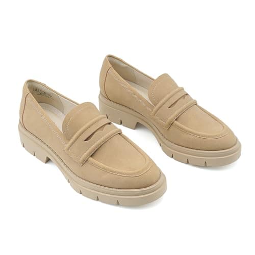 JENN ARDOR Women's Chunky Loafers Slip On Lug Sole Penny Loafer Comfort Casual Round Toe Mid Heels Platform Work Shoes Tan 9.5 - Image 1