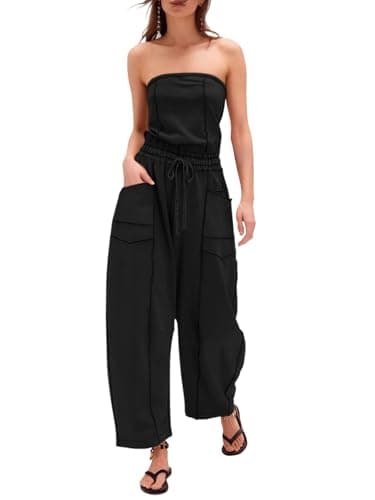 Sexyasasii Black Jumpsuit for Women Strapless Summer Long Wide Leg Pants Tube Top Jumpsuit One Piece Drawstring Casual Jumpsuits with Pockets - Image 1