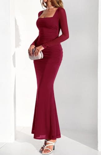 BTFBM Women's Maxi Dresses Fall 2026 Long Sleeve Ruched Bodycon Dress Square Neck Cocktail Party Wedding Guest Dresses(Wine Red,Small) - Thumbnail 4