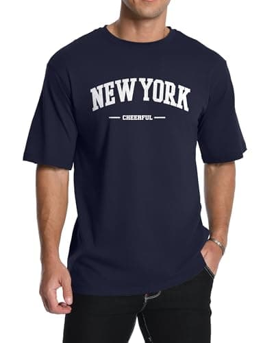 KUYIGO Men's New York Graphic T-Shirt Vintage NYC Letter Print Casual Short Sleeve Street Style Tee,M Navy - Image 1