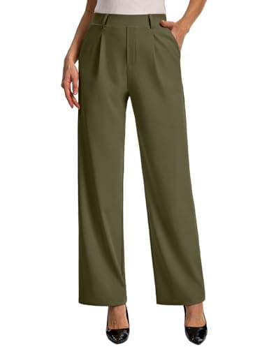Feiersi Womens Dress Pants Wide Leg Stretchy Work Pants High Waisted Pull On Casual Trousers with Pockets(Army Green,X-Large) - Image 1