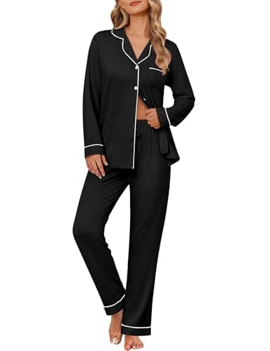 Ekouaer Women's Pajama Sets Soft Button Down Pj Sets 2 piece Long Sleeve and Pants Loungewear Set Black M - Image 1
