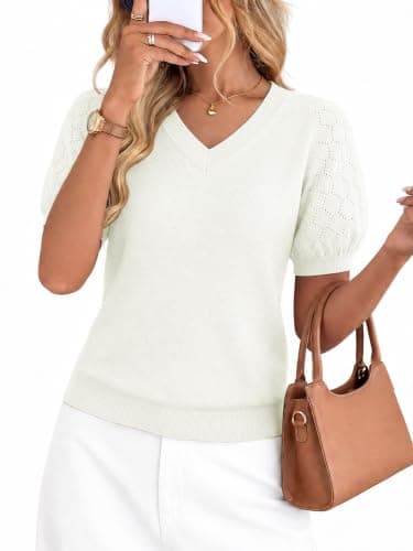 LaGracia Puff Short Sleeve Sweater for Women Summer Puff Sleeve Sweater Tops Spring V Neck Cauasl Dressy Shirts Cute 2026 White XL - Image 1