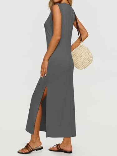 REORIA Women's Summer Vacation Long Maxi Dress Casual Sleeveless Sundresses Beach Tank Dresses with Pockets Thyme Medium - Thumbnail 2
