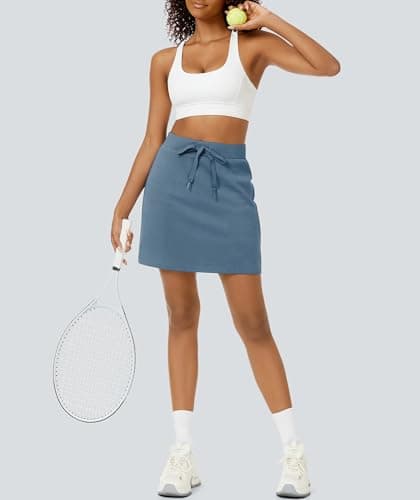 Casly Lamiit Skirt with Shorts Underneath Women High Waisted Casual Workout Mini Drawstring Lounge Sweat Skirts Short Skirt with Pockets Blue Grey S - Thumbnail 5
