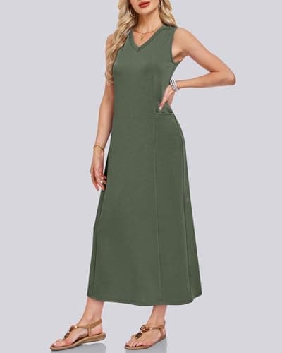MISFAY Women's Summer Maxi Dress with Pockets Sleeveless V Neck Loose Long Sundress Split Casual Vacation Outfits(Army Green,L) - Thumbnail 4