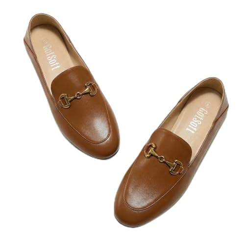 GotSoft Lambskin Insole Womens Loafers Slip on Flats Metal Chain Closed Square Toe Dress Shoes, Brown, Size 9.5 - Image 1