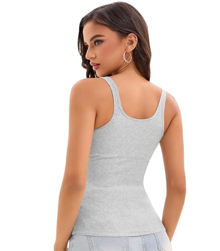 Womens Ribbed Tank Tops Built in Bra Neck Cami Tops Sleeveless Summer Y2k Going Out Crop Tanks Casual Cami Shirts Trendy 2025 (Light Grey,L) - Thumbnail 4