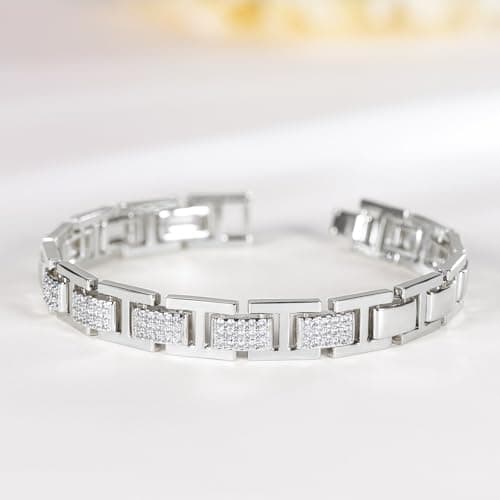TRENDOLLA Mens Stainless Steel Bracelet, 7.5/8 inches Dainty Hiphop Cuban Link Chain Bracelet White Gold and 14K Gold Plating (Style02-White Gold) - Thumbnail 5