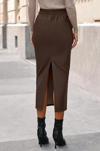 BTFBM Skirts for Women Trendy Spring 2026 Elastic Waist Ruched Bodycon Slit Pencil Midi Leather Skirt Bussiness Casual(Coffee, Large) - Thumbnail 3