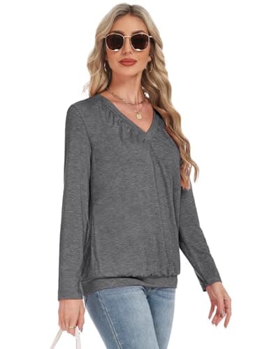 Long Sleeve Shirts for Women V Neck Casual Tops Women Long Sleeve Tops Basic T Shirts Outfits Womens Clothes 2025 (US, Alpha, Small, Regular, Regular, Dark Gray) - Thumbnail 4