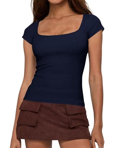 BTFBM Women Short Sleeve Tops Square Neck Ribbed Knit Basic Tee Shirt Y2K Casual Summer Clothes 2026 Spring Outfits(Navy Blue, Medium) - Image 1