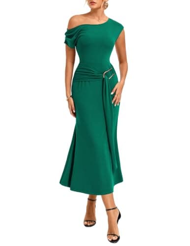 GRACE KARIN Women's 2026 Summer Wedding Guest Dresses Formal Cocktail One Shoulder Bodycon Dresses Elegant Ruched Maxi Dress Green L - Image 1