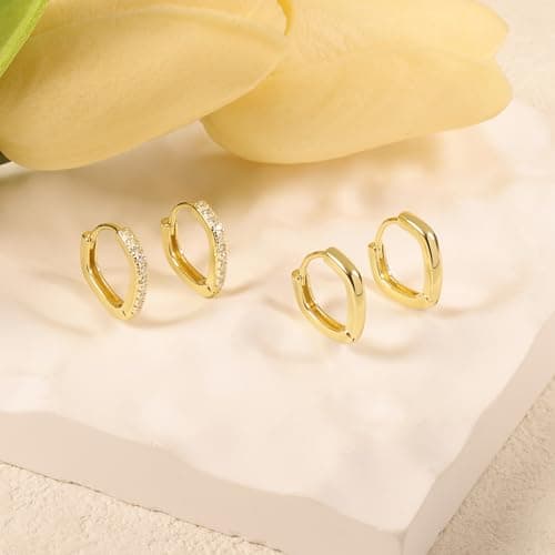Small Square Gold Huggie Hoop Earrings for Women Trendy- Huggie Cartilage Earring Set Cute Thin Mini Tragus Plated Hoops Multiple Piercings Cubic Zirconia Earrings Sets (2 Pair Square Huggies 10mm) - Thumbnail 5