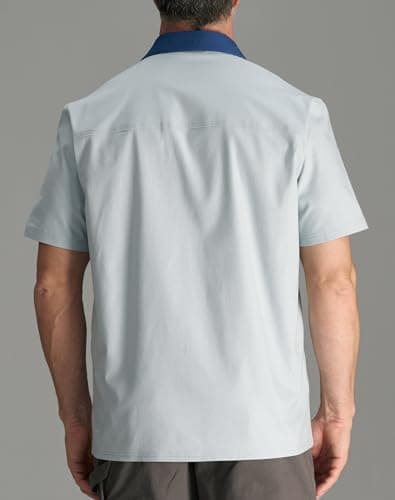 CHRONOLINE Men's Short Sleeve Button Up Shirt with Pocket Cotton Contrast Collar Spring Summer Outdoor Work Shirt for Men, Ice Blue, S - Thumbnail 2