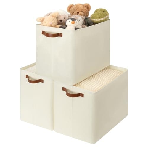 GRANNY SAYS Large Storage Baskets, Closet Storage Bins, Linen Closet organizers and storage, Fabric Storage Bins with Metal Frame, Clothes Baskets for Shelves, Towels, Beige, 3-Pack