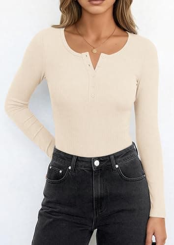 PRETTYGARDEN Long Sleeve Bodysuits for Women 2026 Ribbed Knit Henley Button Up Slim Fitted Basic Tops Winter Fashion Clothing (Beige,X-Large) - Thumbnail 6