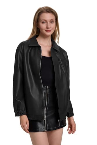 Moreone Faux Leather Jacket Women Oversize Leather Bomber Jacket Zip Up Going Out Jackets for Women 2026 Fall Fashion Moto Jacket Black S - Thumbnail 2