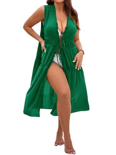 Yousify Womens Plus Size Swimsuit Long Cover Up Chiffon Bikini Coverups Kimono Tie Front Bathing Suit Beachwear Green - Thumbnail 2