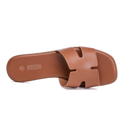 Rihero Women's Dressy Flat Sandals Comfortable Slip On Leather Slide Tan Sandals Size 7 - Thumbnail 5