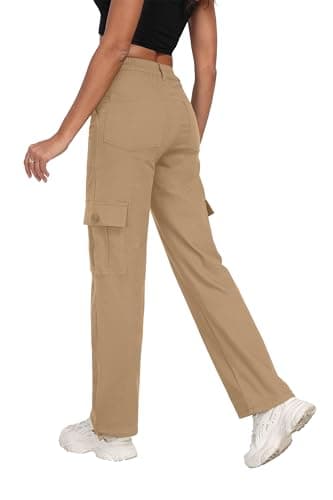 Plus Sized Y2K Wide Leg Cargo Pants for Women High-Waist Hiking Trousers with Drawstring Casual Baggy Pants 2025 A - Khaki - Thumbnail 3