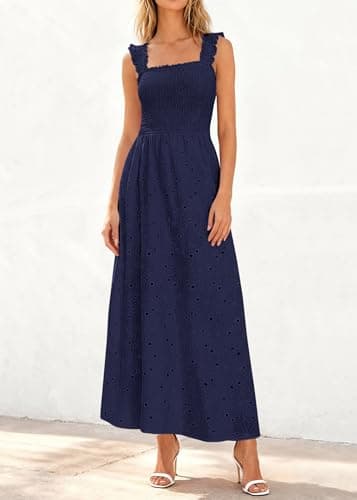KIRUNDO Summer Lace Dress Vacation Outfits for Women 2026 Wedding Guest Dresses Maxi Beach Boho Sleeveless Cotton Sundress (Navy, X-Large) - Thumbnail 2