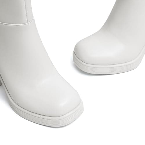 Athlefit Women's Platform Ankle Boots High Chunky Block Heel White Boots Square Toe Fashion Dress Heeled Booties Size 5.5 - Thumbnail 3