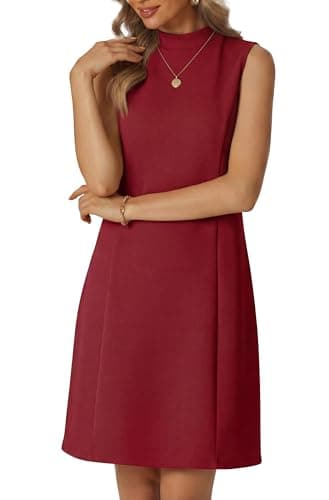 HiMONE Women’s Sleeveless Mock Neck Mini Dress A-Line Casual Dress with Pockets Soft Stretch Summer Dress Wine Red - Image 1