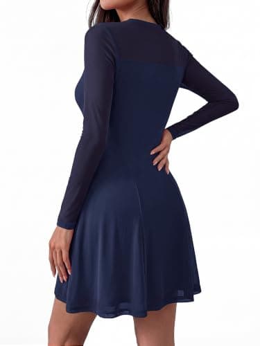 BTFBM Women’s Mini Dress Sheer Mesh Long Sleeve Flowy A Line Casual Cocktail Party Going Out Dresses 2026 Fall Fashion(Navy Blue, Small) - Thumbnail 3