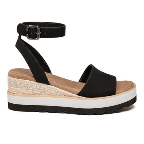 Athlefit Athlfit Women's Open Toe Buckle Ankle Strap Summer Casual Espadrille Platform Wedge Sandals, Black/Pu, Size 7, AD00442 - Thumbnail 4
