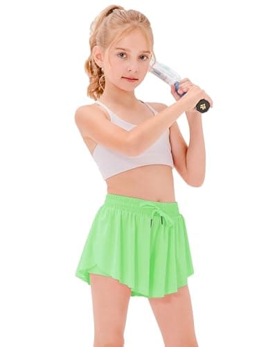 Stelle Girls Flowy Shorts with Pockets Athletic Running Skirt High Waist Butterfly 2 in 1 Sports Short 5-16 Years(Neon Green, L) - Image 1