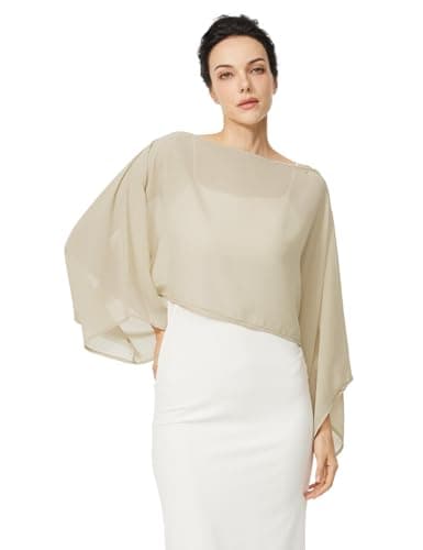 BEAUZSUZSANA Women Chiffon Bolero Cape Capelets with Arm Holes Shawls and Wraps for Evening Dress Bridal Wedding Party (Champagne,L-XL) - Thumbnail 2