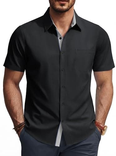 PJ PAUL JONES Mens Short Sleeve Dress Shirt Casual Business Button Down Shirt Slim Fit Untucked Shirts Black 2XL - Image 1