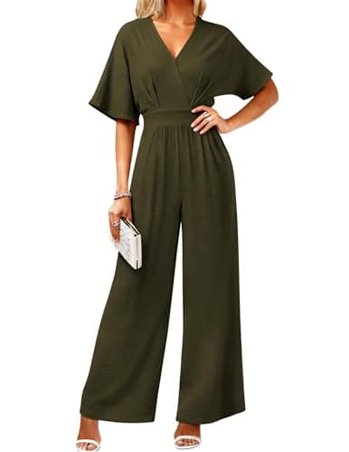 LOOKBOHO Womens Dressy Jumpsuits V Neck Belted Waist Casual Wide Leg Pants Romper Formal Elegant Jumpsuit Army Green S - Image 1