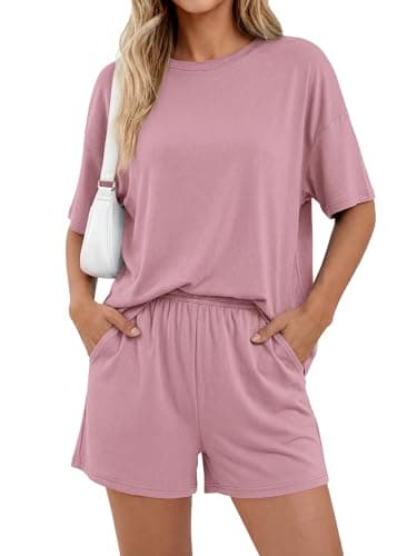 BTFBM 2 Piece Lounge Sets For Women 2026 Summer Airport Travel Vacation Outfits Loose Matching Clothing Spring Short Set(Pink, Small) - Thumbnail 5