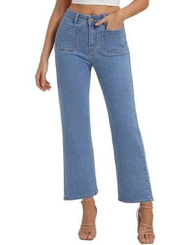 Belle Poque Women Straight Leg Jeans Light Blue Mid Rise Stretchy Wide Leg Denim Pants with Pockets Front (Light Blue, 4) - Image 1
